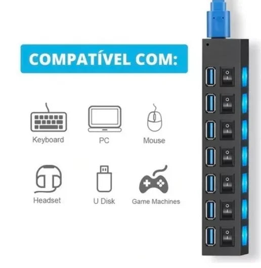 Extensão Régua Usb 2.0 - 7 Portas Pc Hd Externo Pendrive