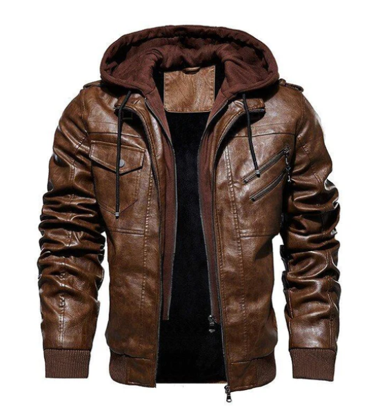 Jaqueta de Couro Com Capuz Removível - Masculina