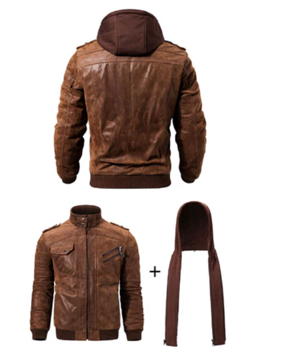 Jaqueta de Couro Com Capuz Removível - Masculina