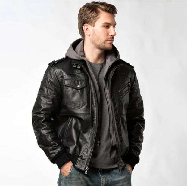 Jaqueta de Couro Com Capuz Removível - Masculina