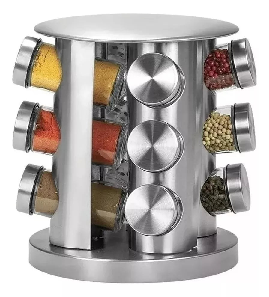 Porta Tempero Giratório Em Aço Inox - 12 Potes Vidro