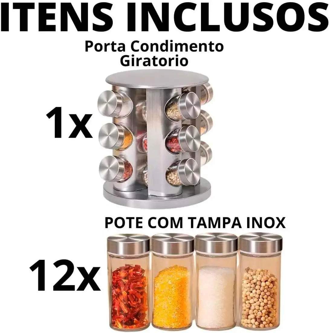 Porta Tempero Giratório Em Aço Inox - 12 Potes Vidro