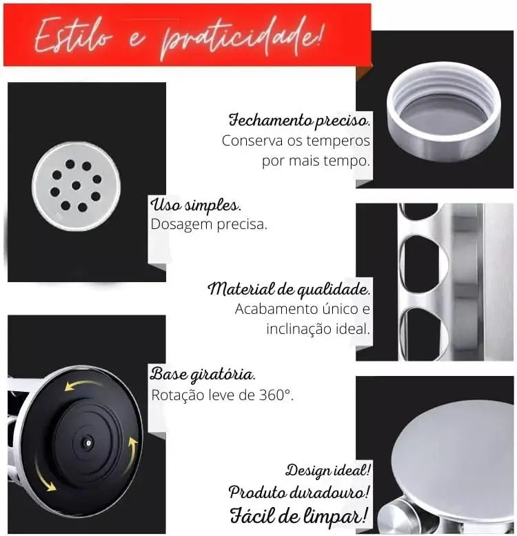 Porta Tempero Giratório Em Aço Inox - 12 Potes Vidro