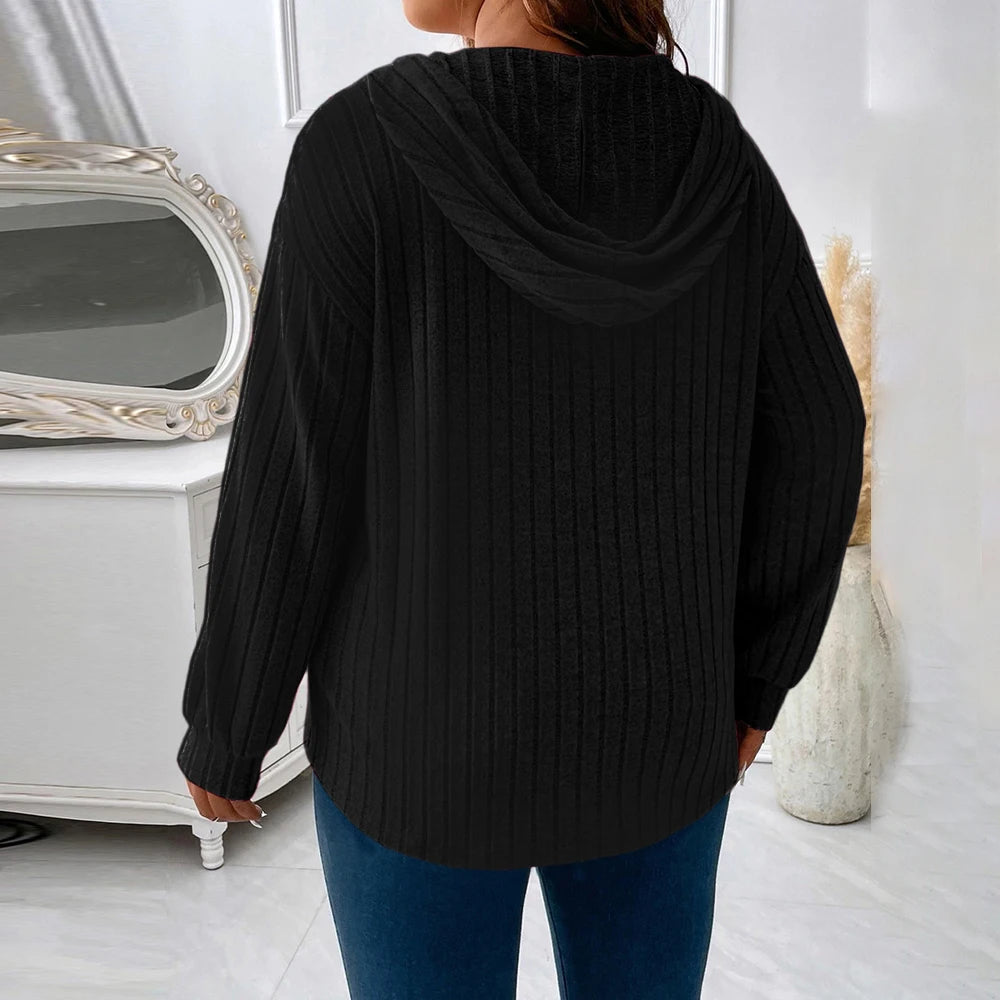 Pulôver feminino plus size, de manga comprida com capuz